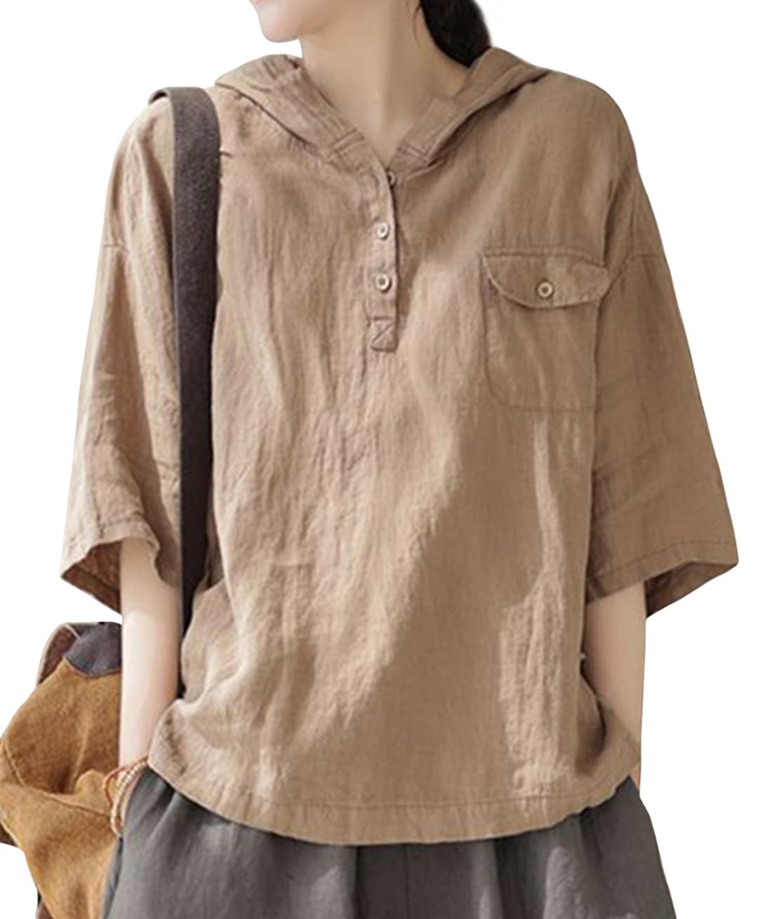 

Short Sleeve Loose Solid Plus Sizes [JHIJSC] Women s Cotton-Linen Hoodie, Summer, Thin, Fit, Stylish, Color, (JP, Alphabet, L, Khaki)