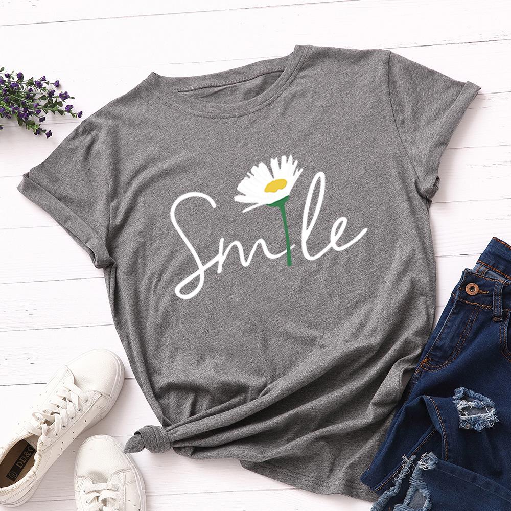 

Cotton Loose Round Neck Smile Letter Daisy Pattern Print Short Sleeved Women s T-shirts S чорний