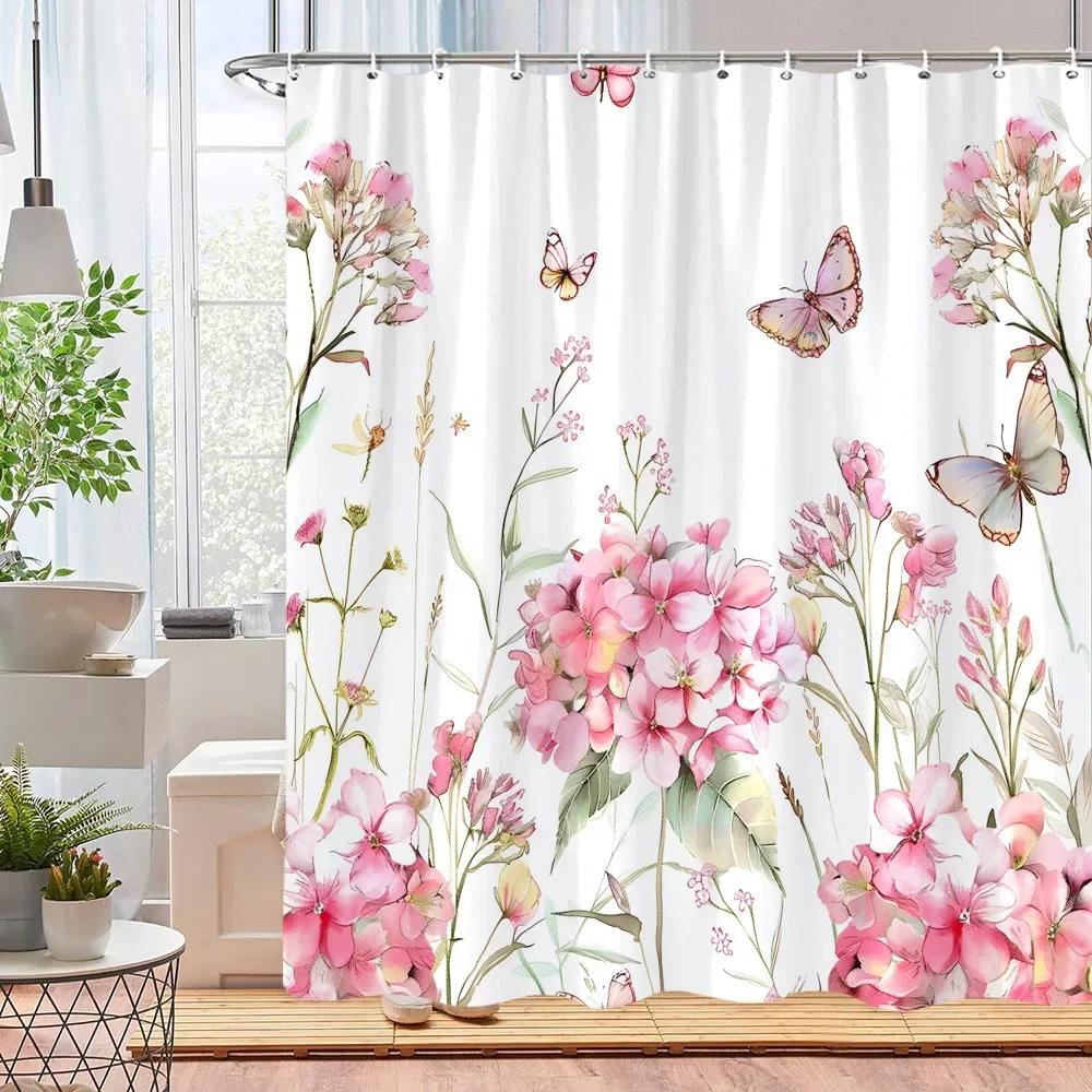 Beautiful Watercolour Botanical Floral Shower Curtain Pink Blue Floral Home Polyester Shower Curtains Bathroom Decor with Hooks