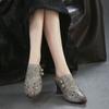 Johnature Genuine Leather Retro Ethnic Style High Heels Pointed Toe Slippers Versatile Women's Shoes