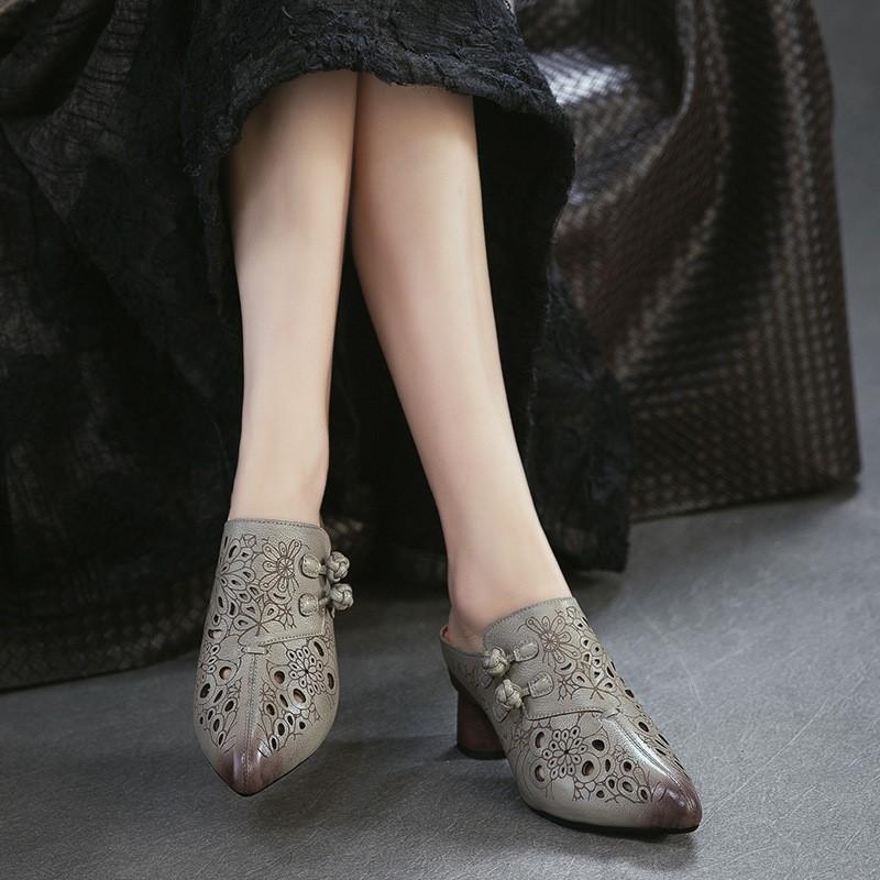 Johnature Genuine Leather Retro Ethnic Style High Heels Pointed Toe Slippers Versatile Women's Shoes