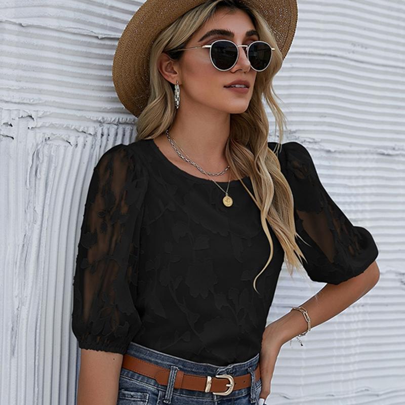 

Летний женский пуловер с принтом и рукавами-фонариками, свободная и удобная рубашка S чёрный