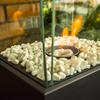 Bio fireplace, free-standing bio fireplace for the terrace, glass table, garden, standing