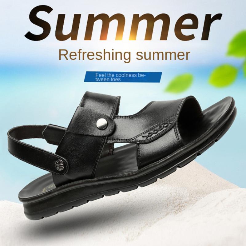 Herrsandaler i äkta läder Enfärgade Herr Sommarskor Casual Bekväma Sandaler med öppen tå Mjuka Strandskor Plusstorlek 45