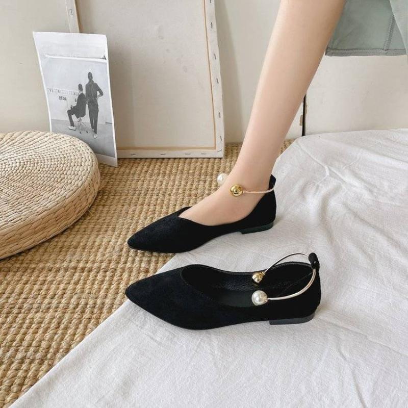 Fashion Summer Pointed Toe Ladies Footwear Pearl Buckle Women's Flat Shoes High Quality Fashion On Offer Young Elegant Dress Shoe Sale