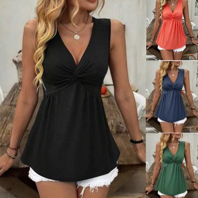 Women's Fashion Casual Solid Color Print Sleeveless V Neck Blouses & Shirts