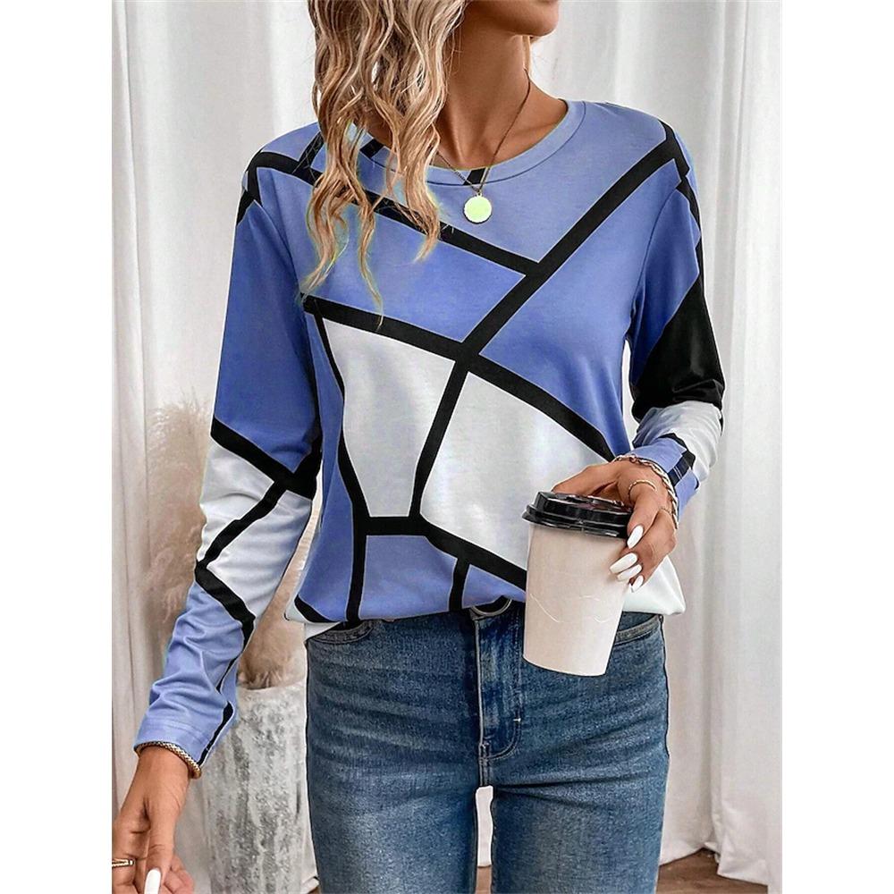 New Women's Autumn Long-Sleeve T-Shirt Stylish Color-Block Print Crew Neck Casual Yet Comfortable Style Perfect for Commuting