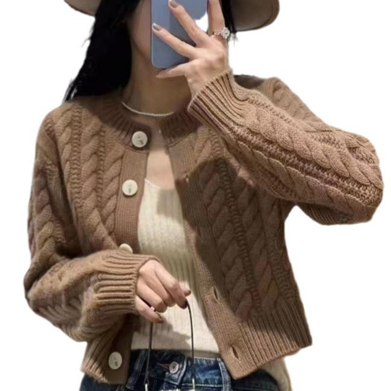 Autumn and Winter New Thickened Knitted Sweater Women's Crew Neck Sweater Cardigan Loose Lazy Twist Knitted Top Jacket