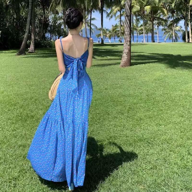 Floral Blue Suspender Dress Women's Summer Bow Halter High Waist Thin Spice Girl Long Dress Seaside Photo Clothes