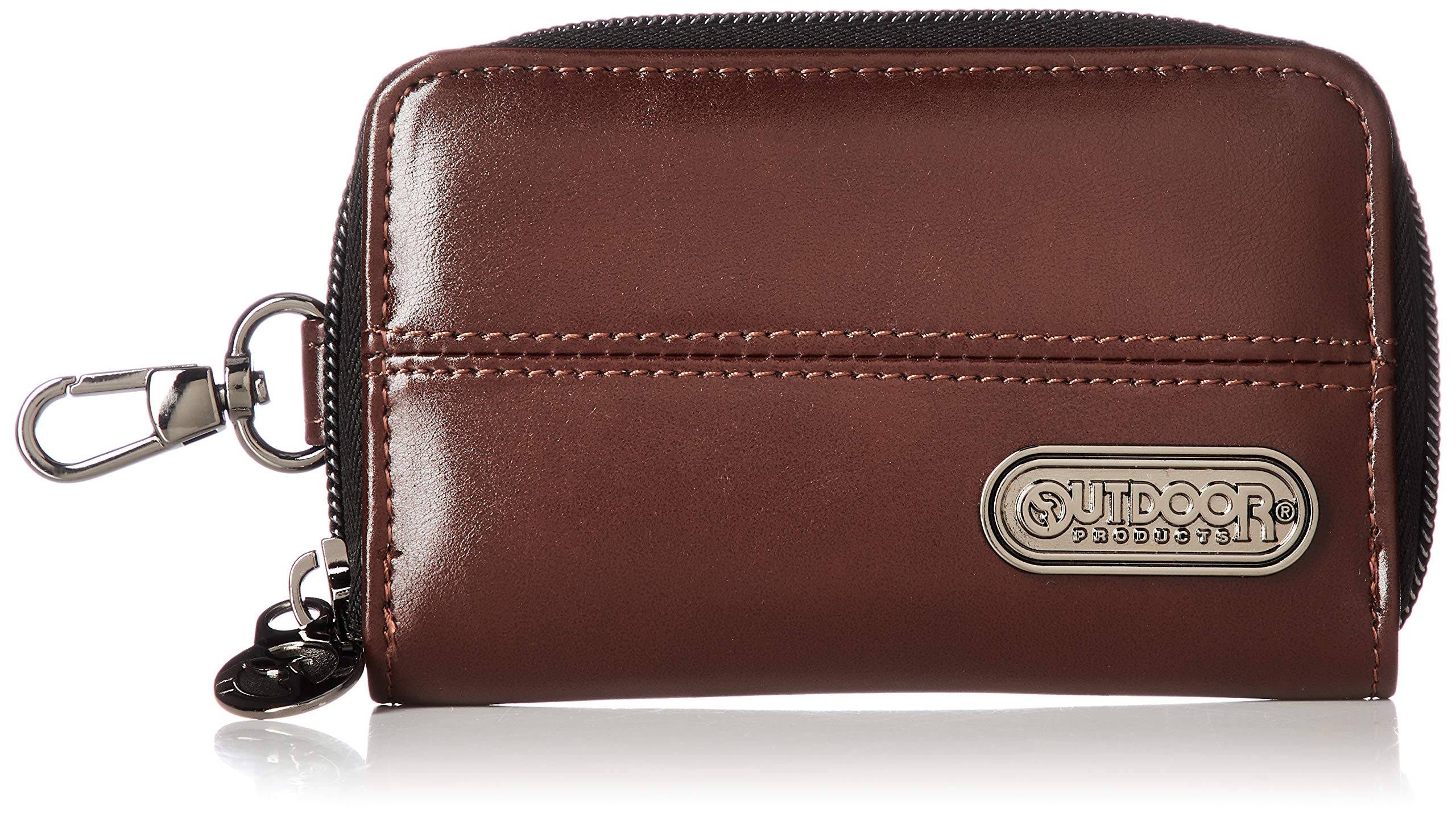 

Outdoor Products Key Case with Metal Plate, Synthetic Leather, Card Slots, Round Zipper, Dark Brown