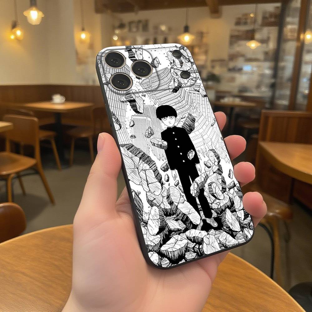 M-Mob Psycho 100 Anime Phone Case For iPhone 17,16,15,14,13,12,11,Pro,XS,Max,XR,Plus,E,SE4,Mini Black Soft Cover