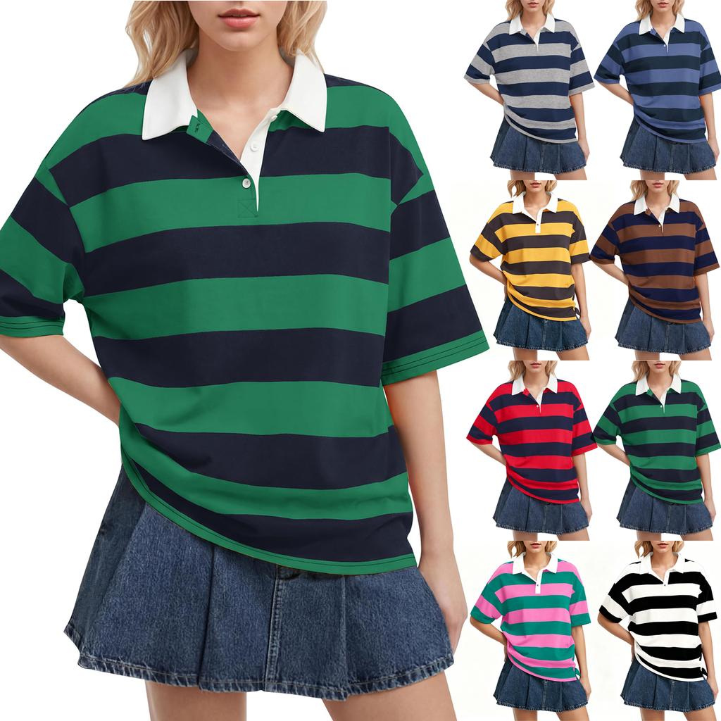 Women’s Casual Striped Polo Collar Loose Fit Short Sleeve Top Relaxed Style Pullover Shirt for Everyday Wear