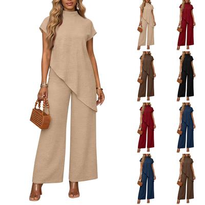 Women's 2-Piece Fashionable Casual Set: Mid-High Neck Short-Sleeve Top With Asymmetrical Hem And Wide-Leg Pants
