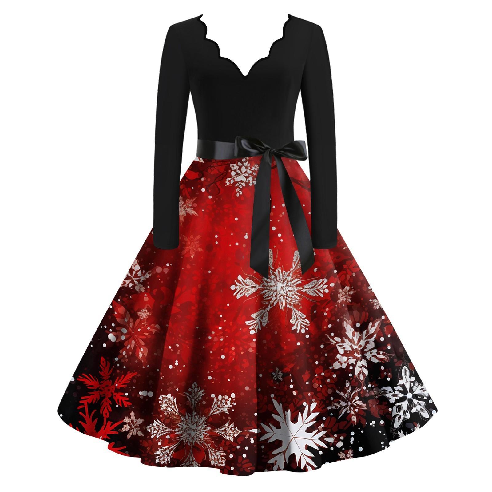 

Женское облегающее платье свободного кроя с принтом в виде рождественских снежинок, контрастным V-образным вырезом и длинными рукавами XL винный