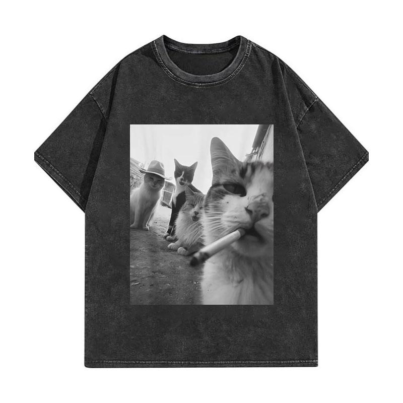 Funny Smoking Cat Meme T-shirt High Quality Fashion Vintage Washed T-shirts Men Women Casual Short Sleeve T Shirts Streetwear