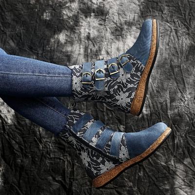 Women Ankle Boots  Autumn New Retro Ethnic Style Printed Metal Buckle Soft Leather Zipper Short Boots Shoes Botines Mujer