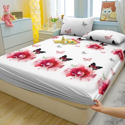 1 Simple Modern Plant Flower Butterfly Printed Matte Fitted Sheet, Bedroom Printed Bed Cover, Bedding (Excluding Pillowcases)