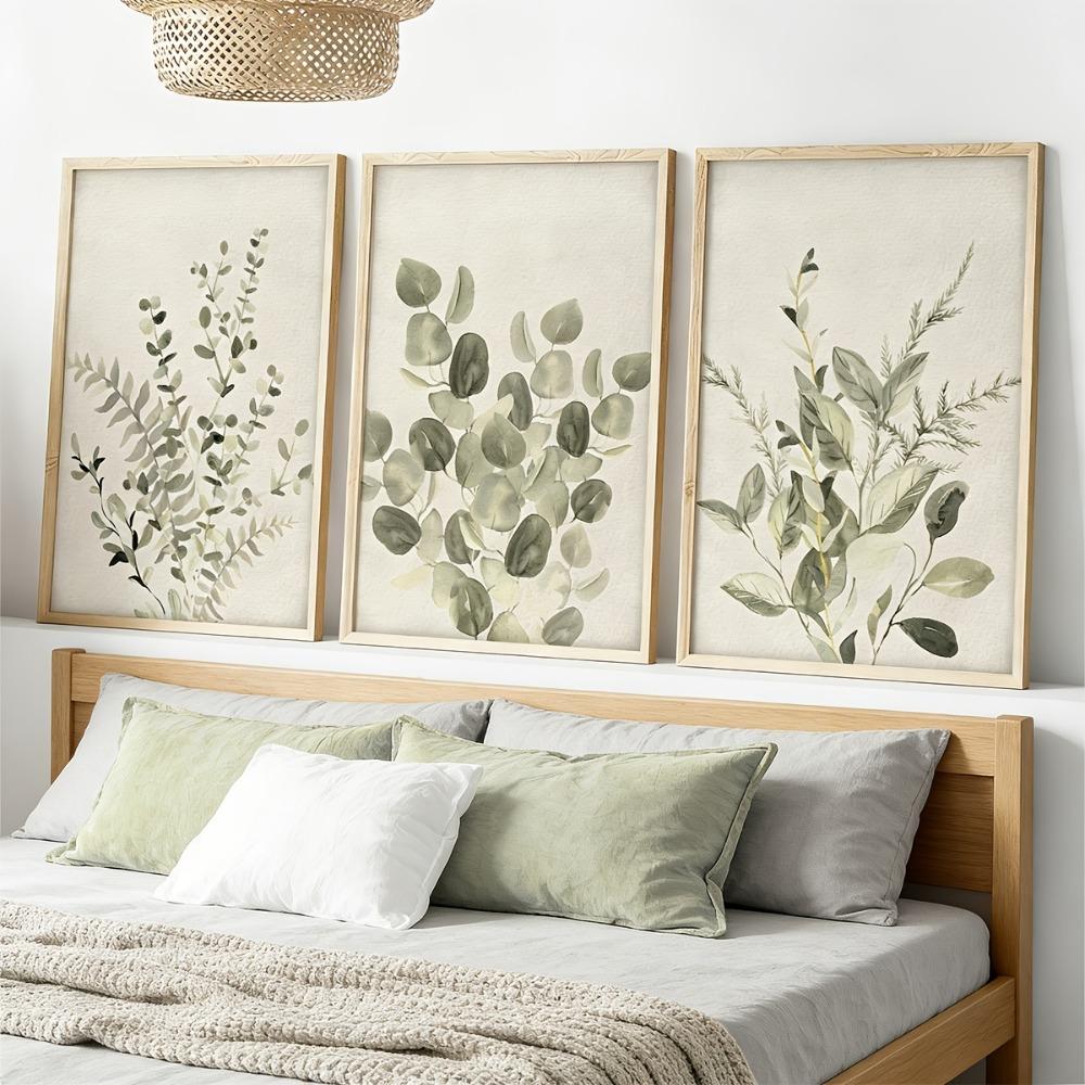 3pcs Frameless,Sage Green Plant Leaf Watercolor Wall Art Decor,Retro Plant Creative Canvas Poster Printing,Simple Home Decor