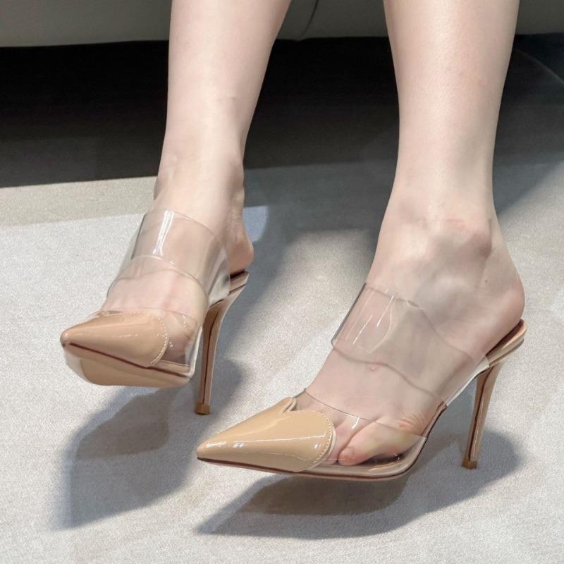 High heels transparent love surface spring and summer new color matching thin heels women's shoes light mouth bag head half drag pointed women's shoes