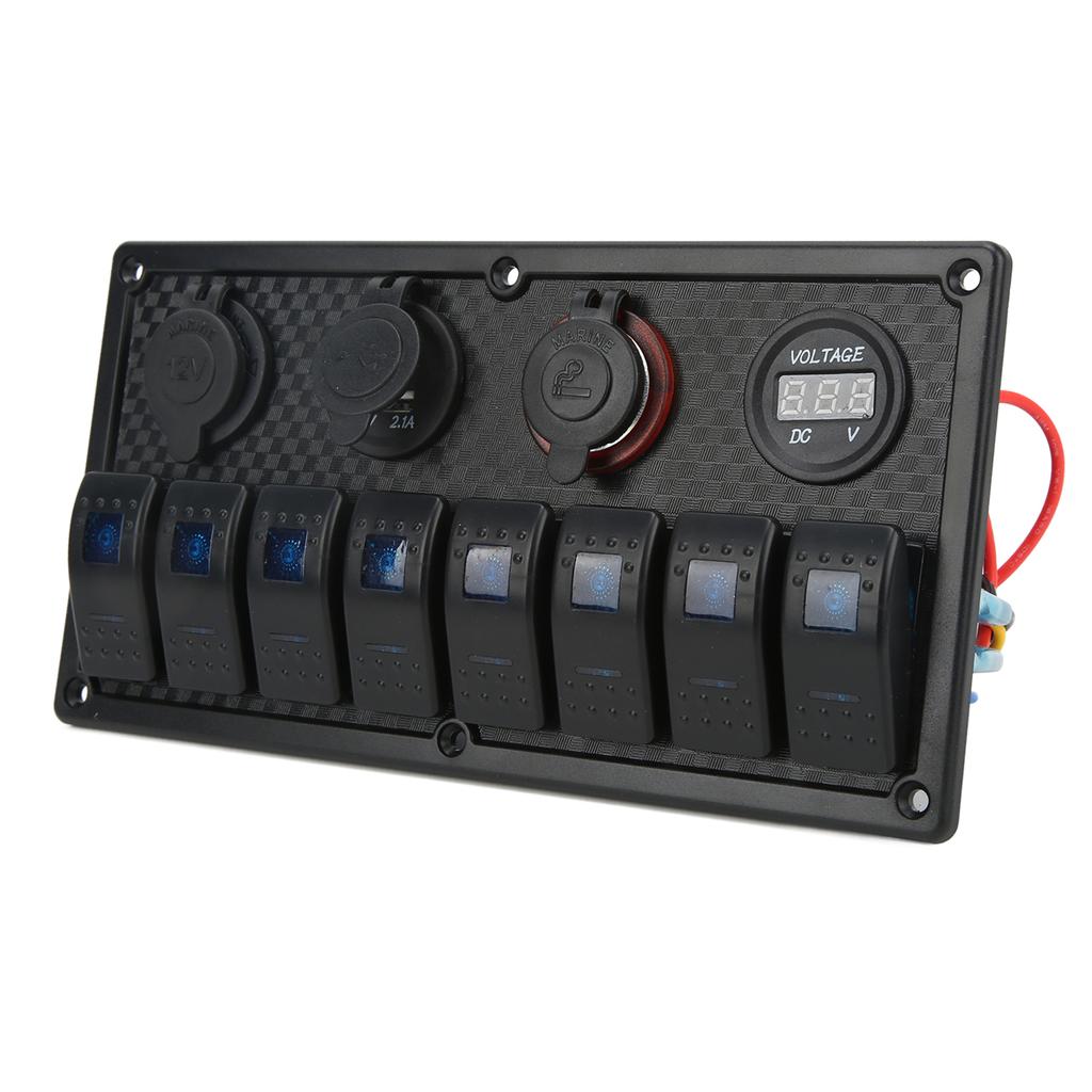 Car Boat Rocker Switch Panel Blue LED Light with Dual USB Voltmeter Cigarette Lighter 12‑24V for Yachts Ships Caravans