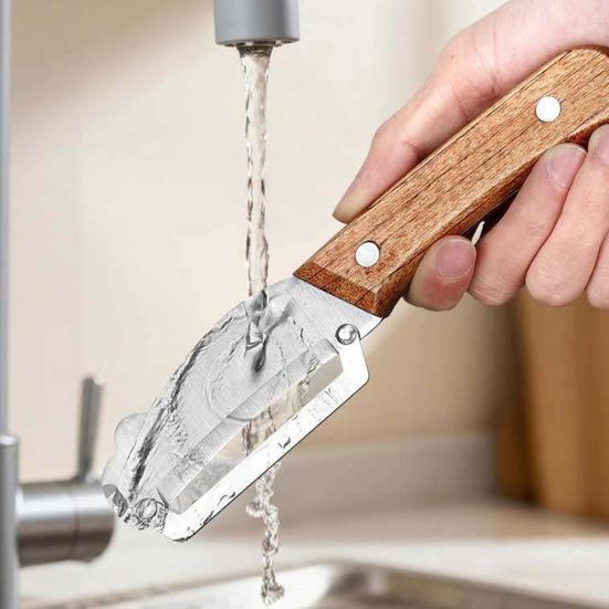 Škrabka na zeleninu s dřevěnou rukojetí Nerezová čepel 2v1 Škrabka na ovoce a otvírák na lahve na brambory Mrkev Citrusy Rychlý nástroj na loupání