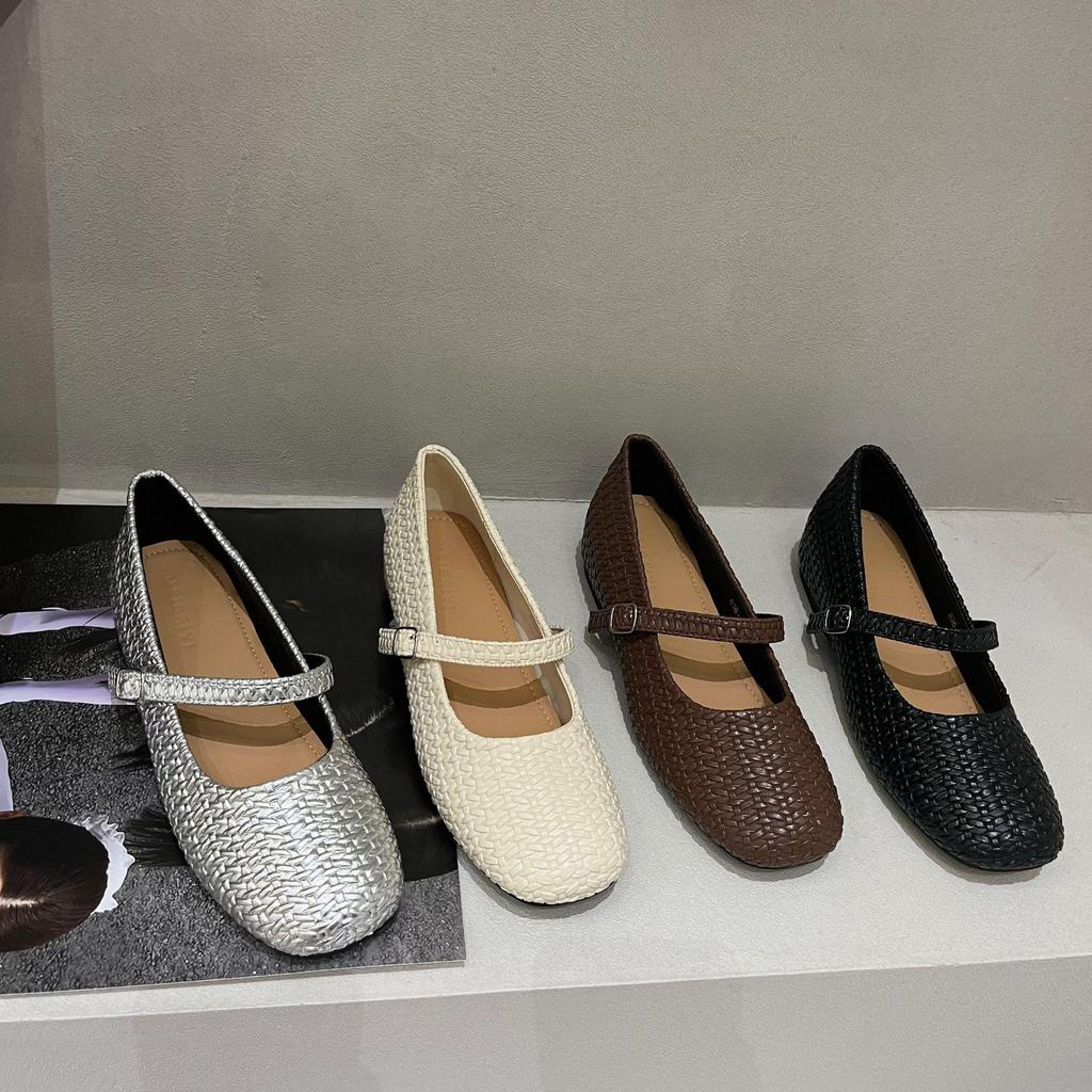 2025 Retro Woven Mary Jane Ballet Flats with Inner Lift, Square Toe, One-Strap Design for Women