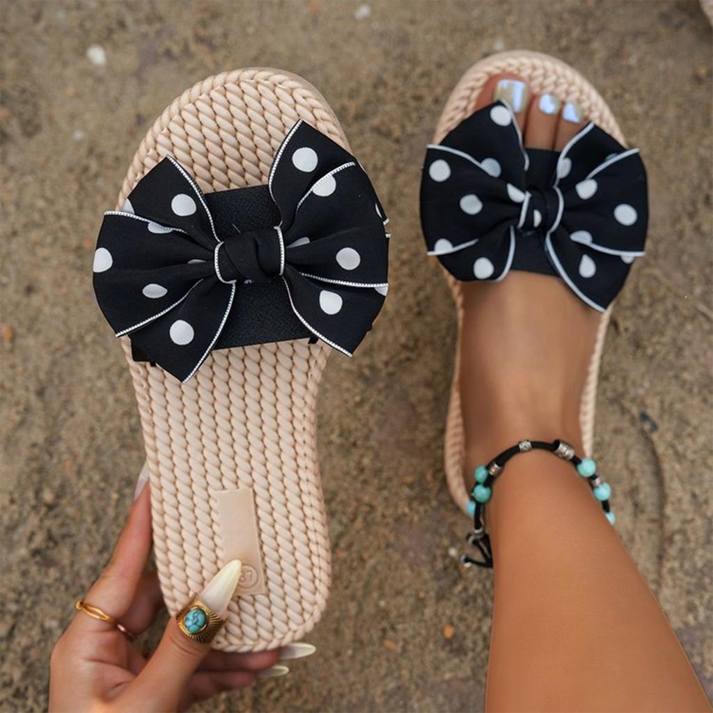 Womens Polka Dot Bow Espadrille Platform Slide Sandals Open Toe Flat Beach Shoes with Woven Sole
