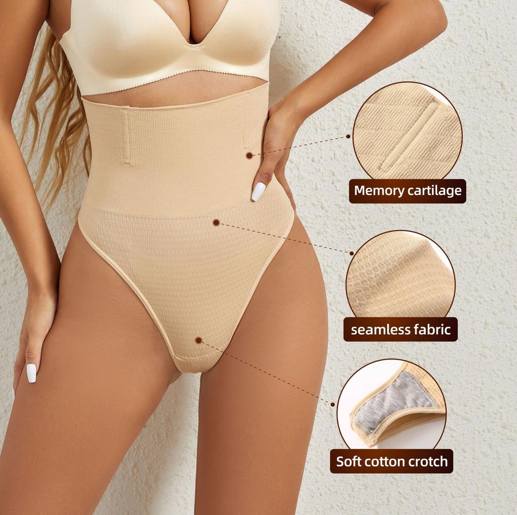 Women High Waist Firm Tummy Control Lace Thong Shapewear Panties Breathable Eco-Friendly Anti-Bacterial Seamless Steel Bones