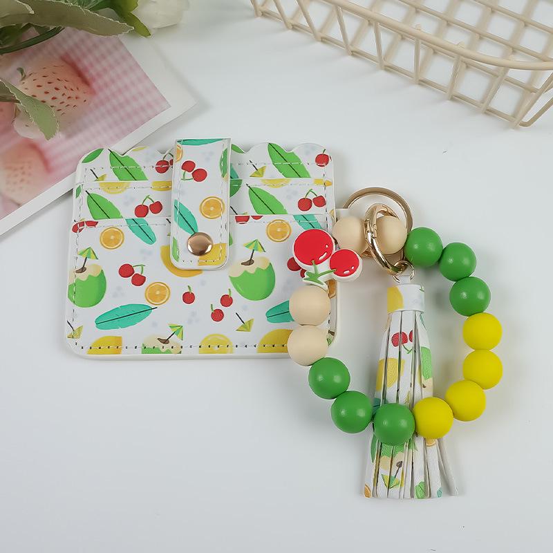 Fruit Print PU Card Holder with Beaded Keychain & Bracelet Wallet