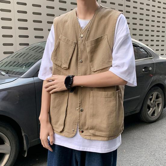 Męska kamizelka cargo bez rękawów jednorzędowa kieszenie projekt sportowy jednolity kolor wielokolorowa kamizelka outdoorowa odzież uliczna