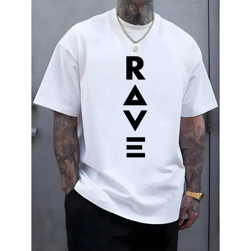 European sizes Men's T-Shirt Cotton, Men's Trendy Letter Print Short-Sleeve T-Shirt, Simple and Stylish RAVE Letter Design, Comfortable Casual
