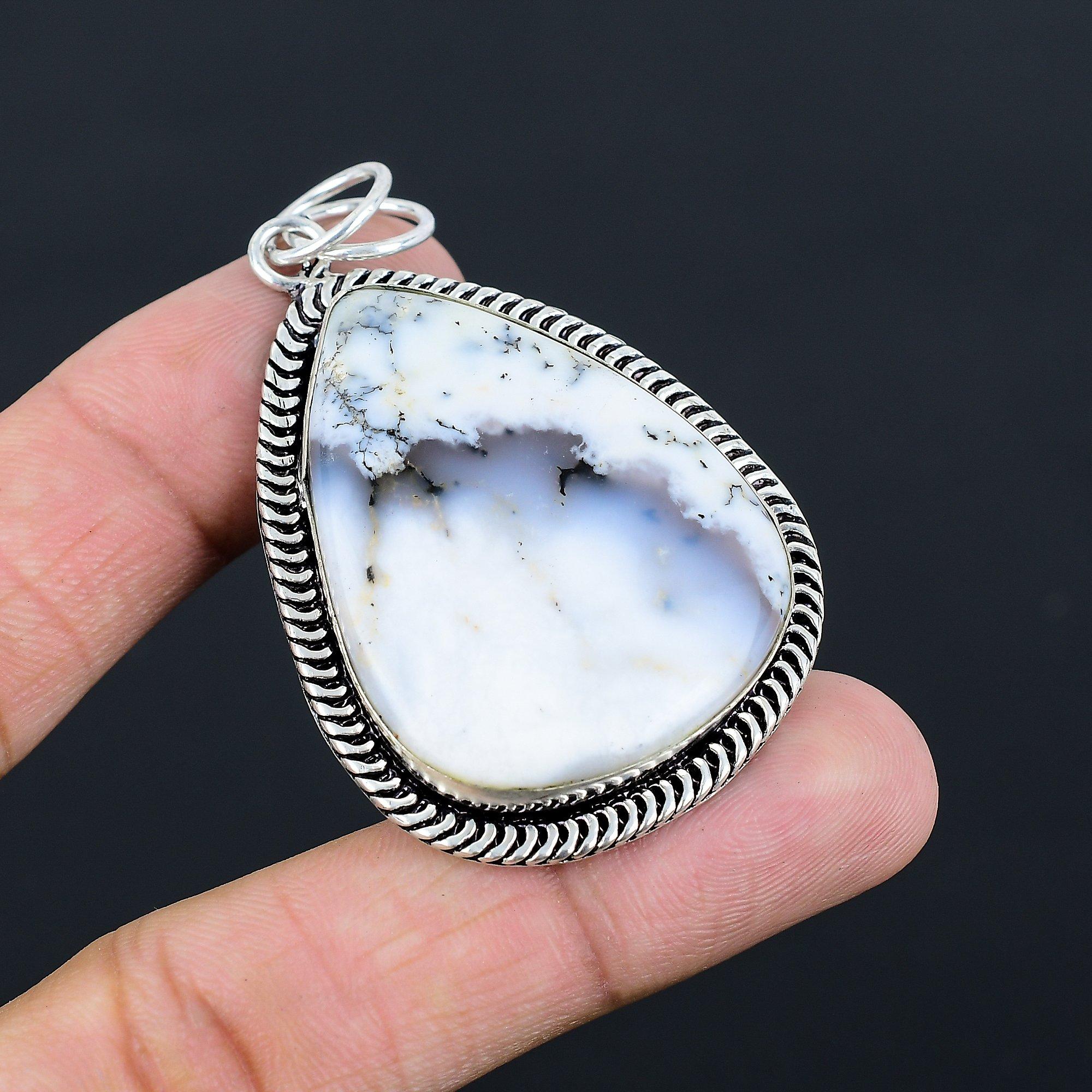 Daughters Day Sale 925 Silver Pear Natural Dendrite Opal Bezel Art Deco Pendant