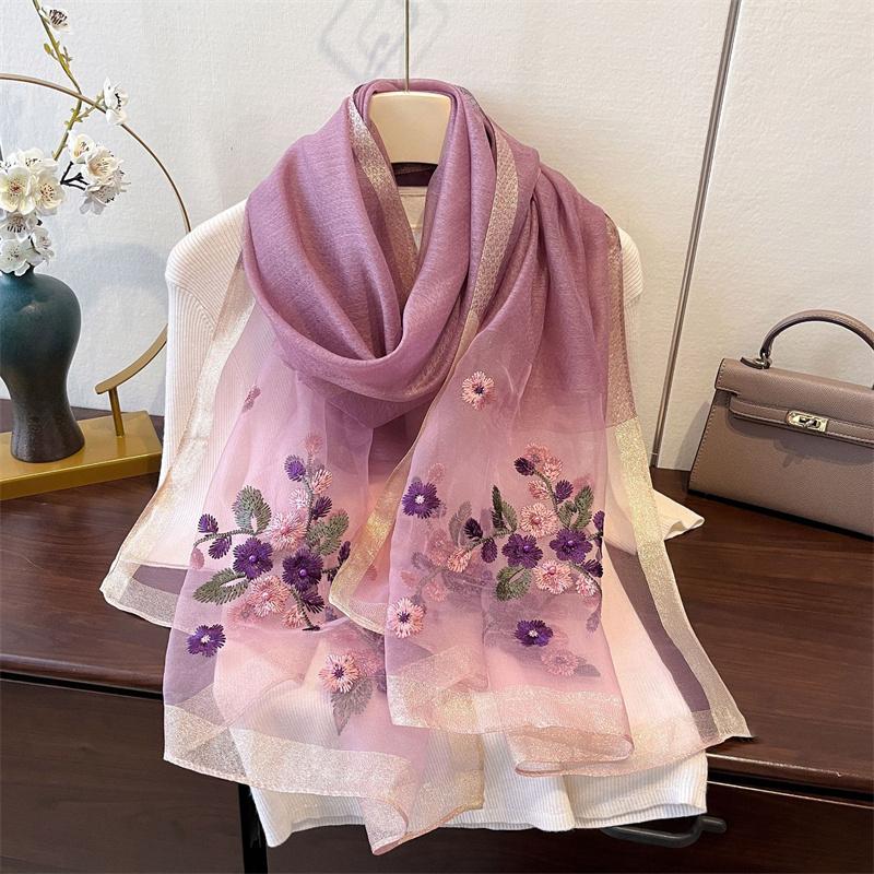 Silk Feeling Women Scarf Shawls Lady Wraps Bufanda Floral Pashmina Embroidery Scarves  Hijab Solid Long Female Bandana