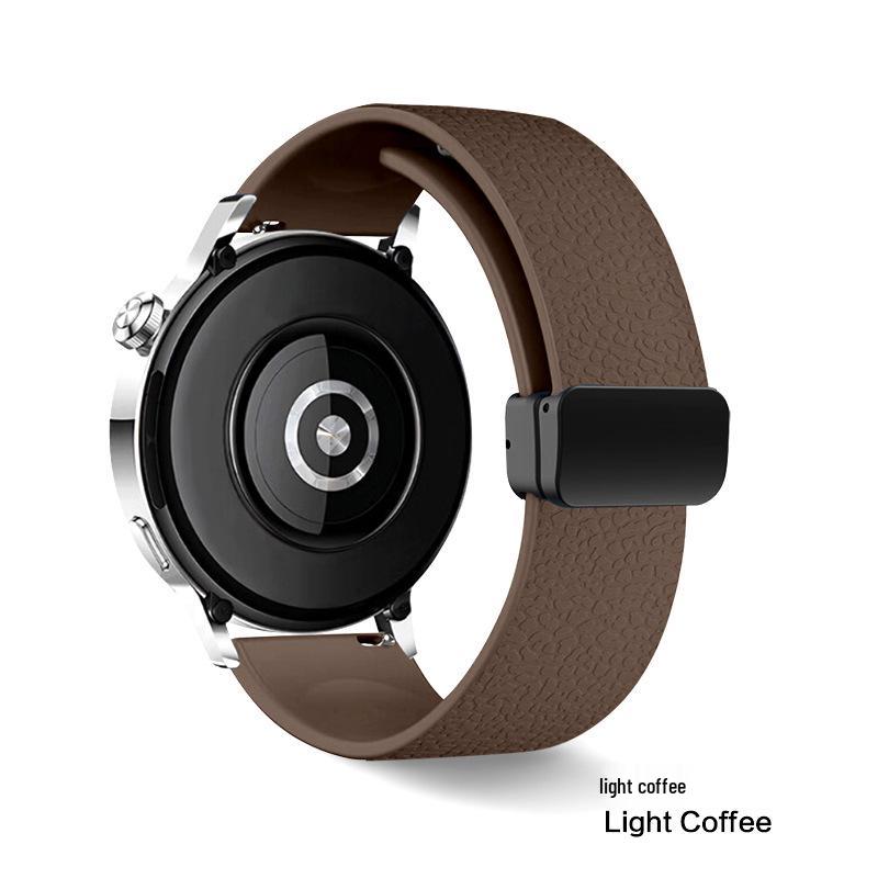 Magnetic Silicone Folding Buckle Watch Strap for Huawei GT5, Samsung 22/18mm with Lychee Pattern.