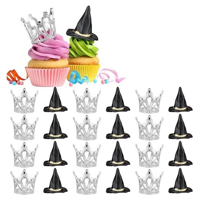 Pack of 24 Plastic Witch Hat and Crowns Cake Toppers for Birthday Party Halloween Decorations Cupcakes Accessories