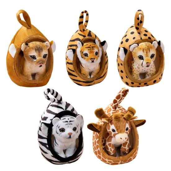 Simulated Tiger Plush Toy with Portable Bed Soft Fluffy PP Cotton Stuffed Giraffe Leopard Lion Animal Plushie Doll Home Decoration Kids Birthday Gift