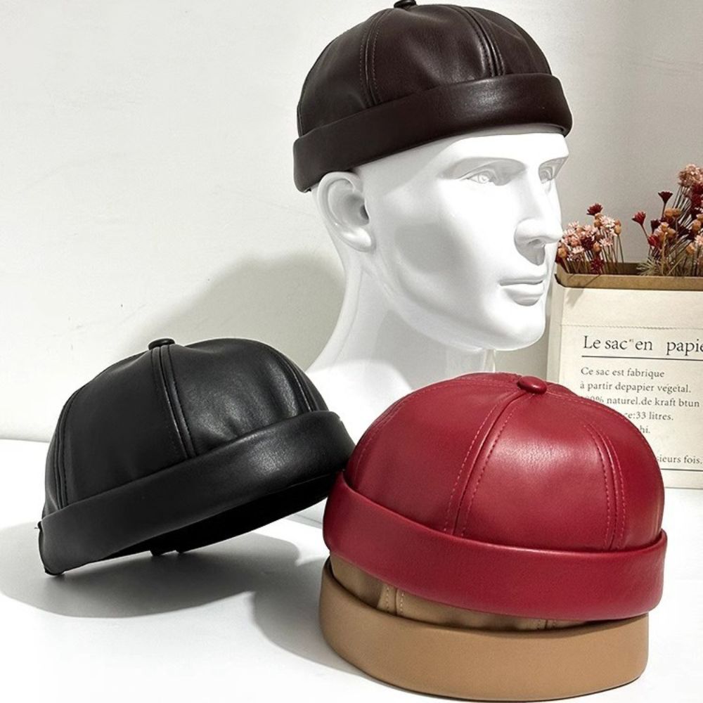 PU Leather Brimless Hat Retro Melon Skin Caps High Quality Docker Cap  Autumn Winter