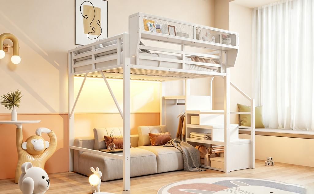 Loft Bed 140x200 with LED Light Strip, Safety Ladder and Flexible Storage Metal Bed Adult Bed Children's Bunk Bed White
