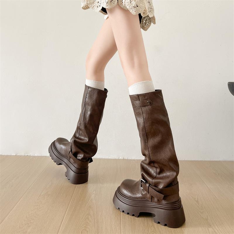 Brown British Style Thick Heel Platform Boots Women's Boots 2025 New Autumn Height Increase and Thin Trousers Knight Boots