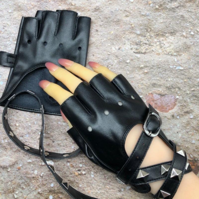Unisex Fingerless Driving PU Leather Gloves Motor Cool Rivet Sexy Disco Dancing Rock and Roll Black Red White Punk Gloves