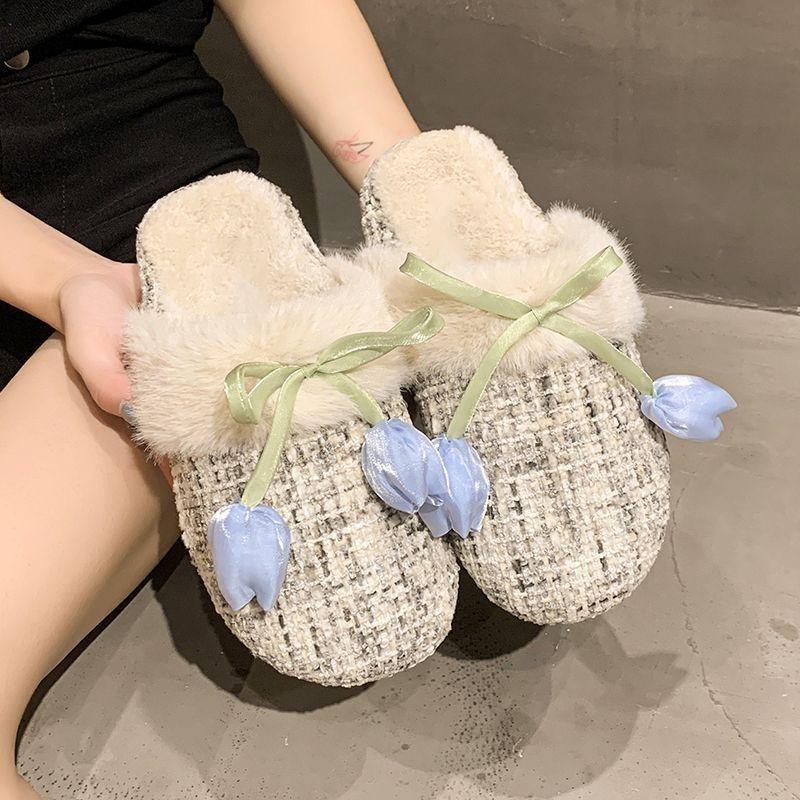 Fashion and cute warm bag head fluffy slippers women wear autumn and winter new flower bag head cotton slippers women