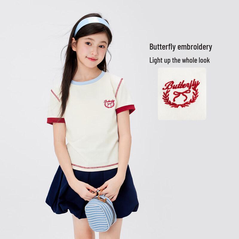 Girls' Color-Block Embroidered Short Sleeve T-Shirt