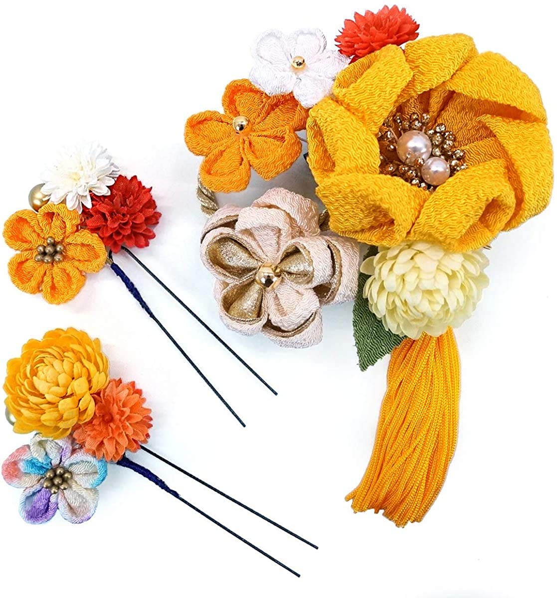 

hair accessory set for furisode and ceremonies made of crepe fabric in yellow 3-piece (long-sleeved kimono) coming-of-age (kk-063), Tsumami-zaiku