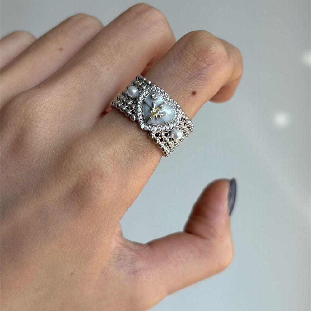 Minimalist Heart Wide Band Rings Women Pearl Hexagram Open Adjustable Rings Charming Exquisite Daily Wear Party Zircon Gifts