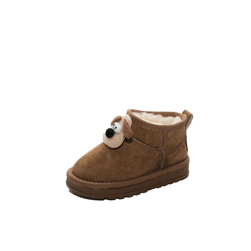Children's Non-Slip Leather Snow Boots with Plush Lining and Cartoon Doll Decor