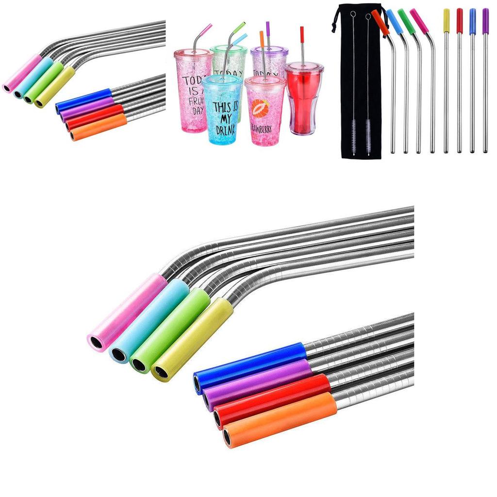 Elegant And Durable 8 Pcs Stainless Steel Metal Drinking Straws With Silicone Tips