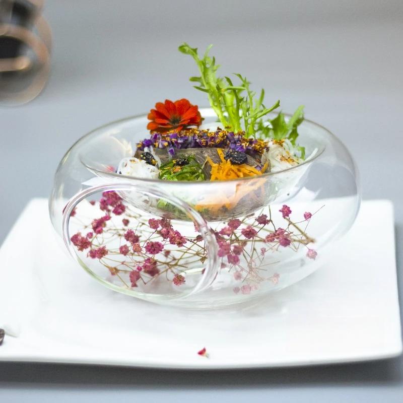 Transparente Hochtemperatur-Glasschüssel mit Seitenöffnung Trockeneis-Schüssel Kreatives Küchengeschirr Spezielle Restaurant Salatschüssel
