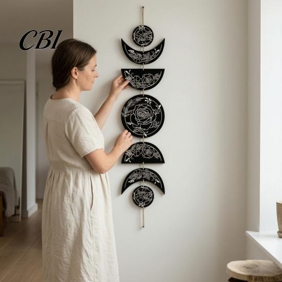 Wall Mounted Art Boho Decoration, Moon Phases Art, Minimalist Star Bohemian Hanging for Home Gothic Witchy Door Pediment Pediments Sign Room
