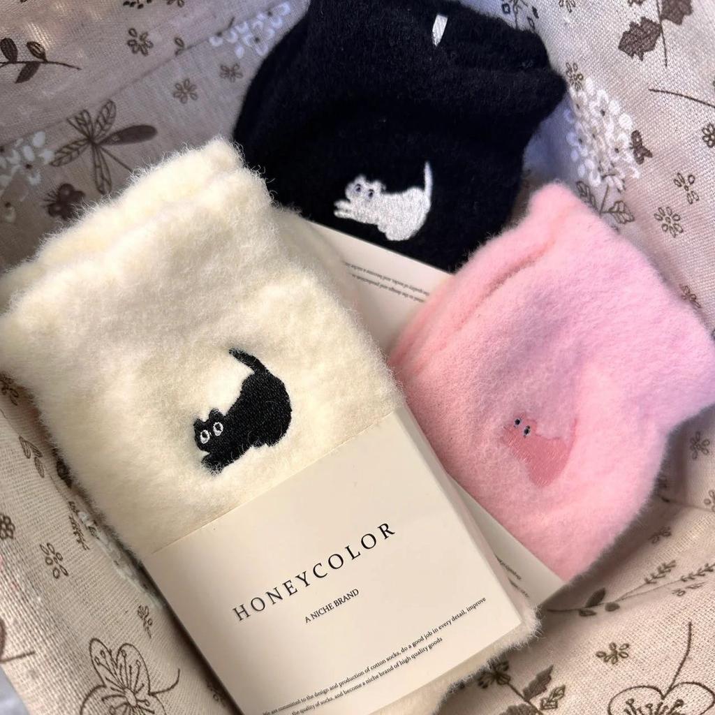 1/3pairs Cute Cat Patterned Thickened Mid-Calf Socks Autumn Winter Warm Mink Coral Velvet Homewear Sleep Floor Soft Sock Sox