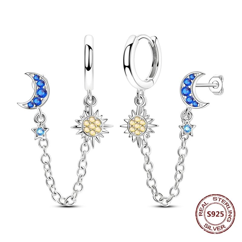 Shining Blue Zircon Owl Earrings 925 Silver Evil Eyes Earrings for Women Wedding Engagement Planet Moon Star Zirconia Jewelry